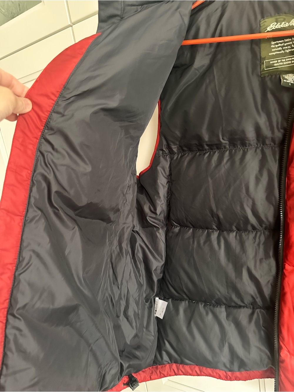 Eddie Bauer Men’s Red Puffer Goose Down Vest with Dark Gray Lining - Picture 6 of 8